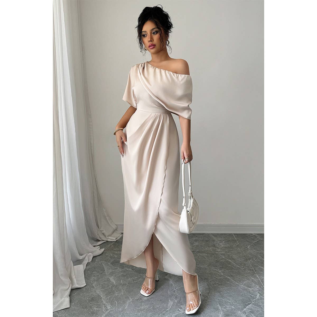 Solid One Shoulder Cross Ruched Dress - MVTFASHION.COM