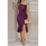 Solid One Shoulder Cross Waist Ruffle Hem Dress - MVTFASHION.COM