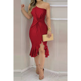 Solid One Shoulder Cross Waist Ruffle Hem Dress - MVTFASHION.COM