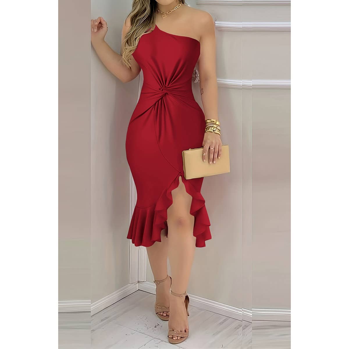 Solid One Shoulder Cross Waist Ruffle Hem Dress - MVTFASHION.COM