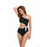 Solid One Shoulder Cut Out Waist Knot Swimsuit - MVTFASHION.COM