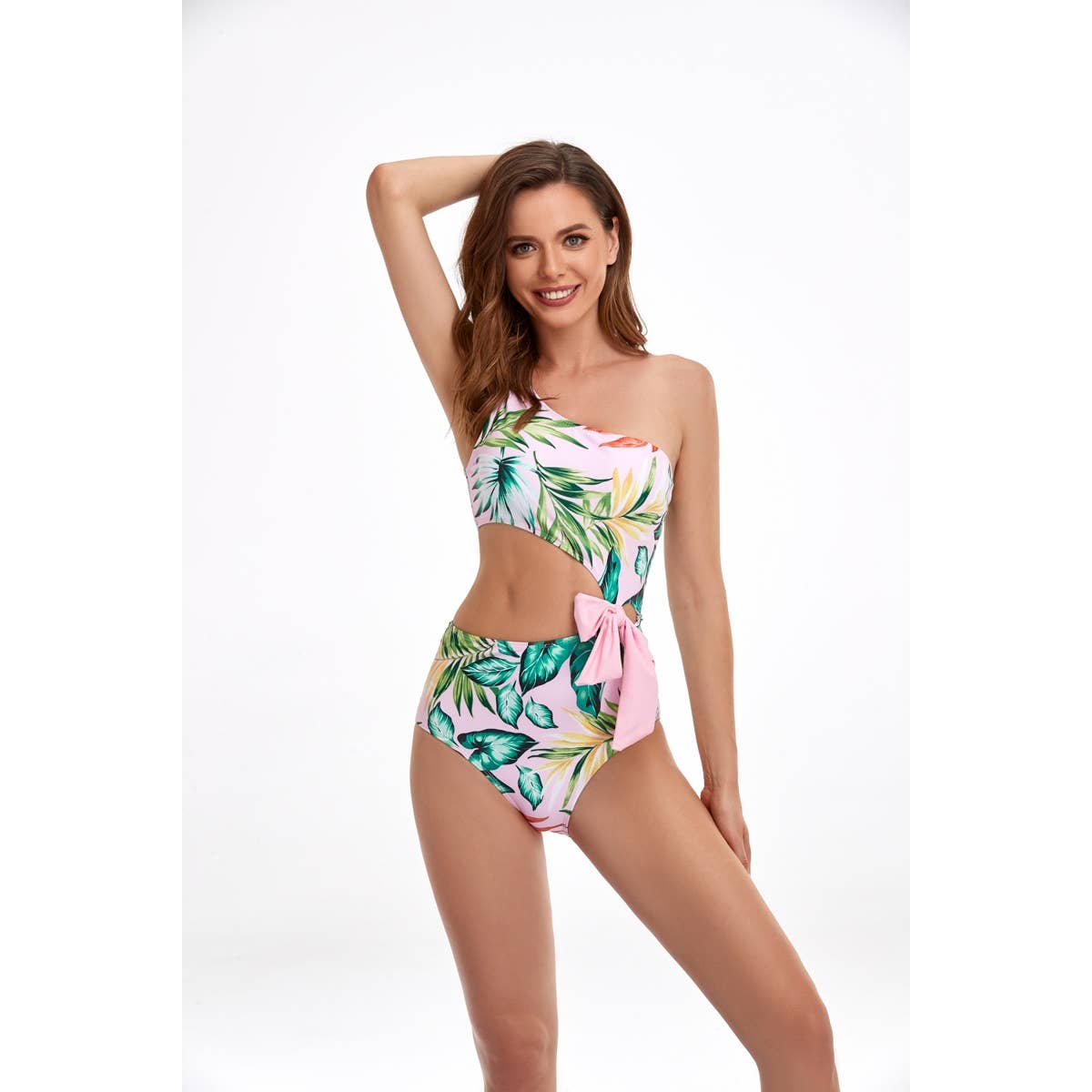 Solid One Shoulder Cut Out Waist Knot Swimsuit - MVTFASHION.COM