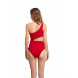 Solid One Shoulder Cut Out Waist Knot Swimsuit - MVTFASHION.COM