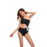 Solid One Shoulder Cut Out Waist Knot Swimsuit - MVTFASHION.COM