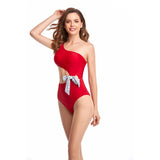 Solid One Shoulder Cut Out Waist Knot Swimsuit - MVTFASHION.COM