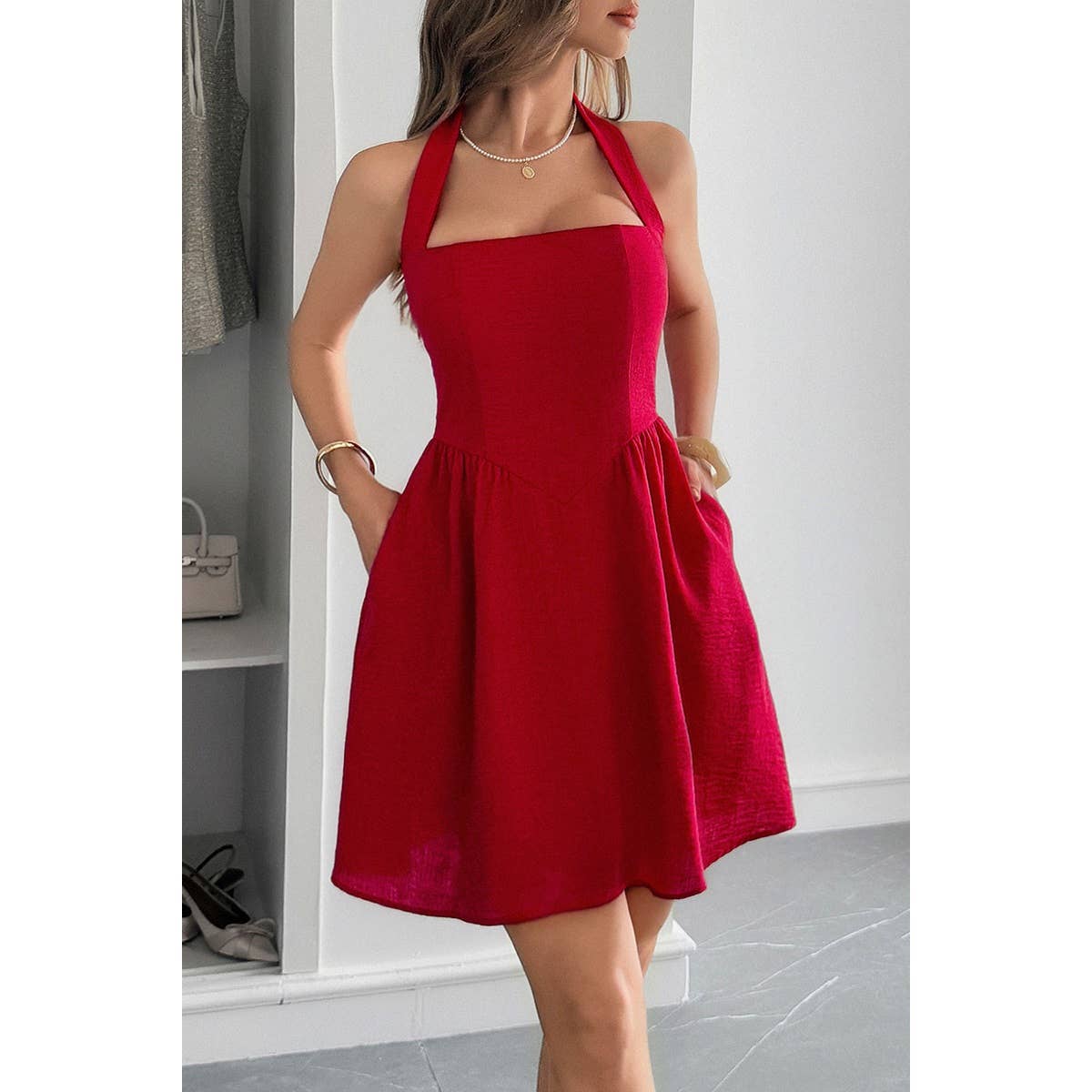 Solid Open Back Hide Zipper Halter Short Dress - MVTFASHION.COM