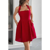 Solid Open Back Hide Zipper Halter Short Dress - MVTFASHION.COM