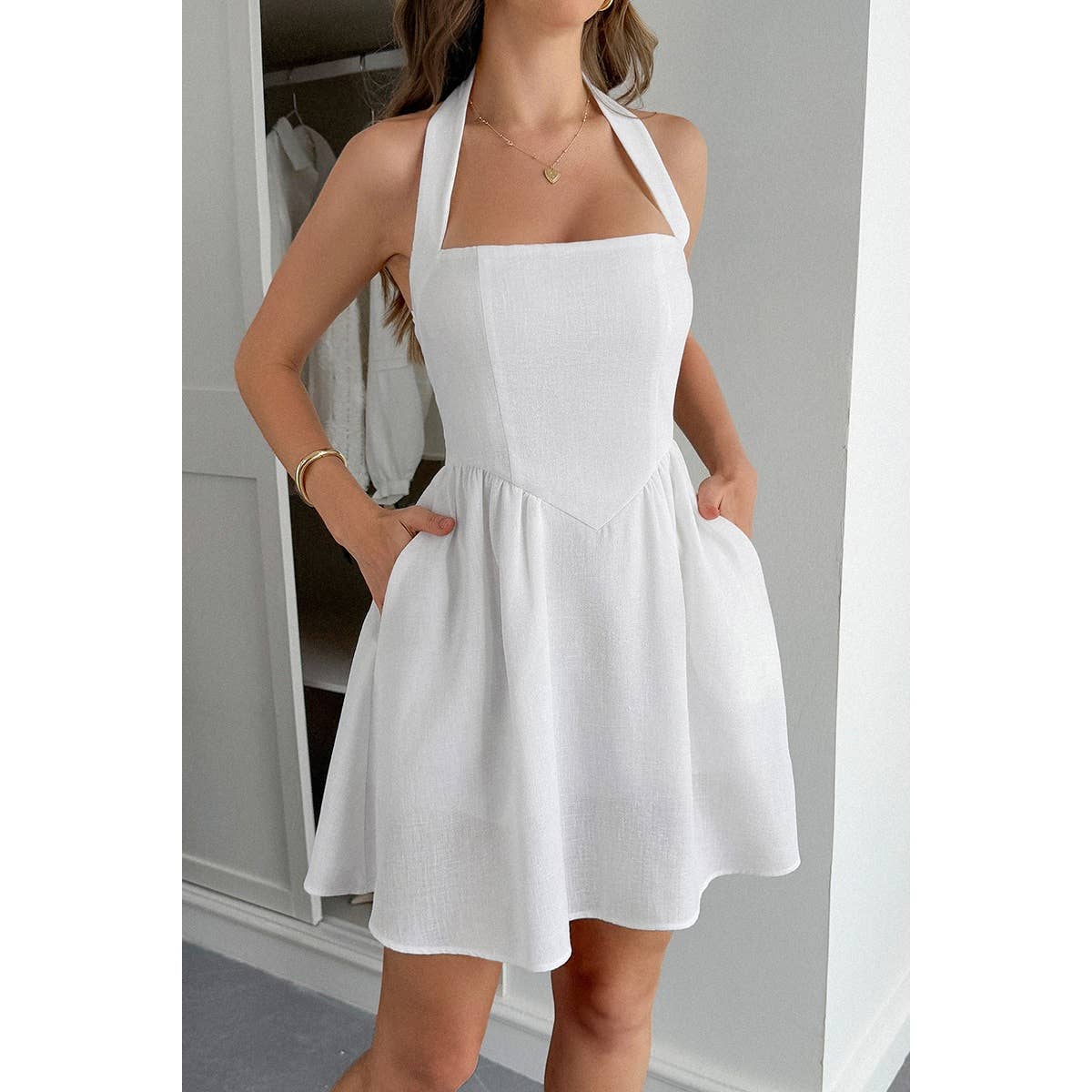 Solid Open Back Hide Zipper Halter Short Dress - MVTFASHION.COM