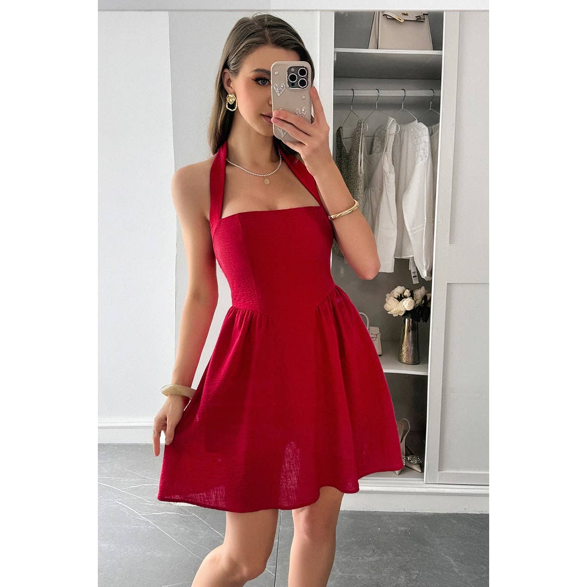 Solid Open Back Hide Zipper Halter Short Dress - MVTFASHION.COM