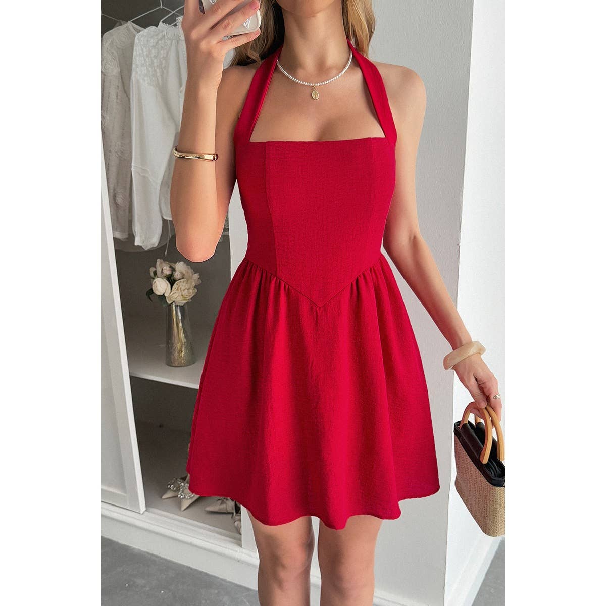 Solid Open Back Hide Zipper Halter Short Dress - MVTFASHION.COM