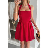 Solid Open Back Hide Zipper Halter Short Dress - MVTFASHION.COM