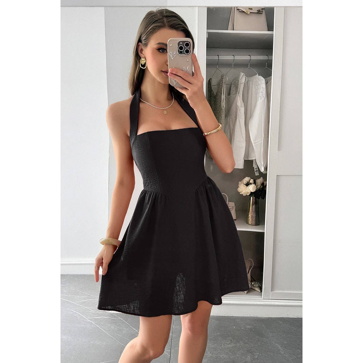 Solid Open Back Hide Zipper Halter Short Dress - MVTFASHION.COM