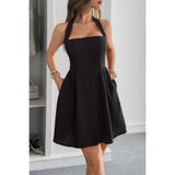 Solid Open Back Hide Zipper Halter Short Dress - MVTFASHION.COM