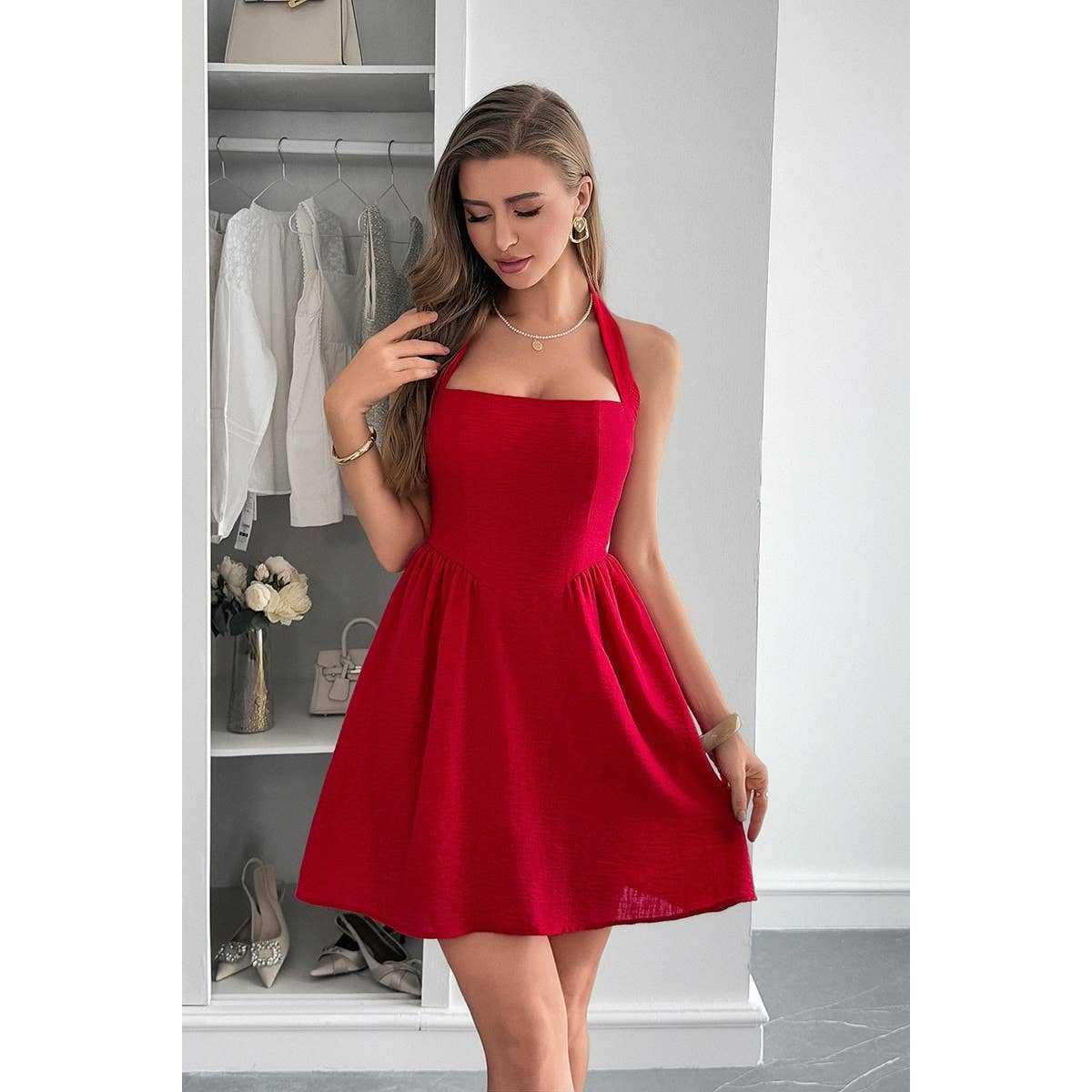 Solid Open Back Hide Zipper Halter Short Dress - MVTFASHION.COM
