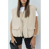 Solid Oversize Zip Up Cargo Vest Ruched Hem Jacket - MVTFASHION.COM