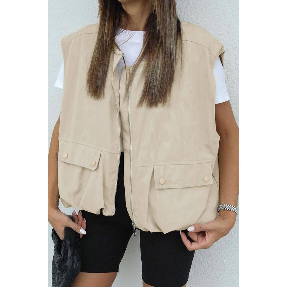 Solid Oversize Zip Up Cargo Vest Ruched Hem Jacket - MVTFASHION.COM