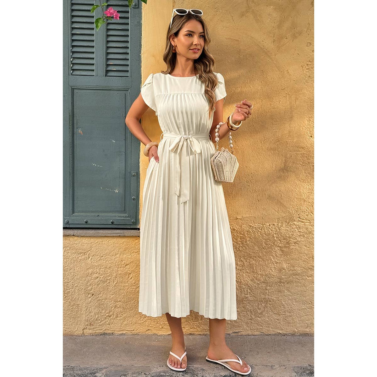 Solid Pleated Belt Short Puff Sleeves Fit Dress - MVTFASHION.COM