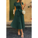 Solid Pleated Belt Short Puff Sleeves Fit Dress - MVTFASHION.COM