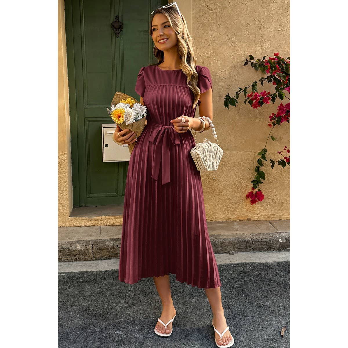 Solid Pleated Belt Short Puff Sleeves Fit Dress - MVTFASHION.COM