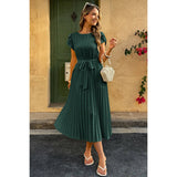 Solid Pleated Belt Short Puff Sleeves Fit Dress - MVTFASHION.COM