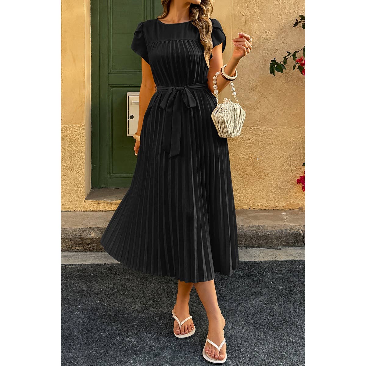 Solid Pleated Belt Short Puff Sleeves Fit Dress - MVTFASHION.COM