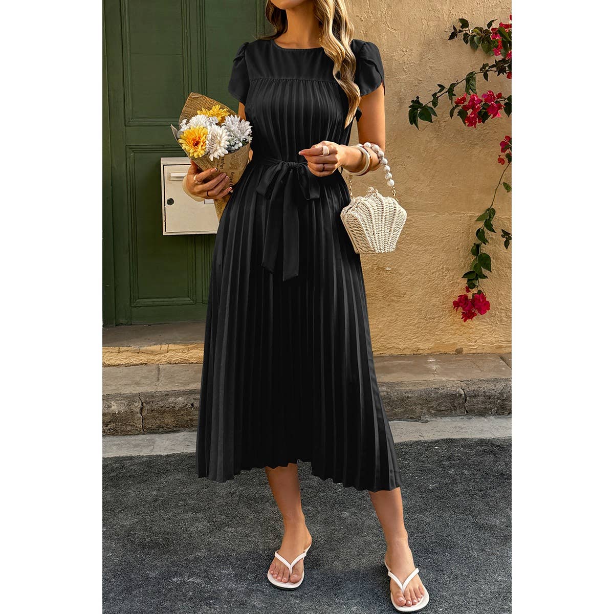 Solid Pleated Belt Short Puff Sleeves Fit Dress - MVTFASHION.COM