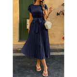 Solid Pleated Belt Short Puff Sleeves Fit Dress - MVTFASHION.COM