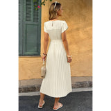 Solid Pleated Belt Short Puff Sleeves Fit Dress - MVTFASHION.COM