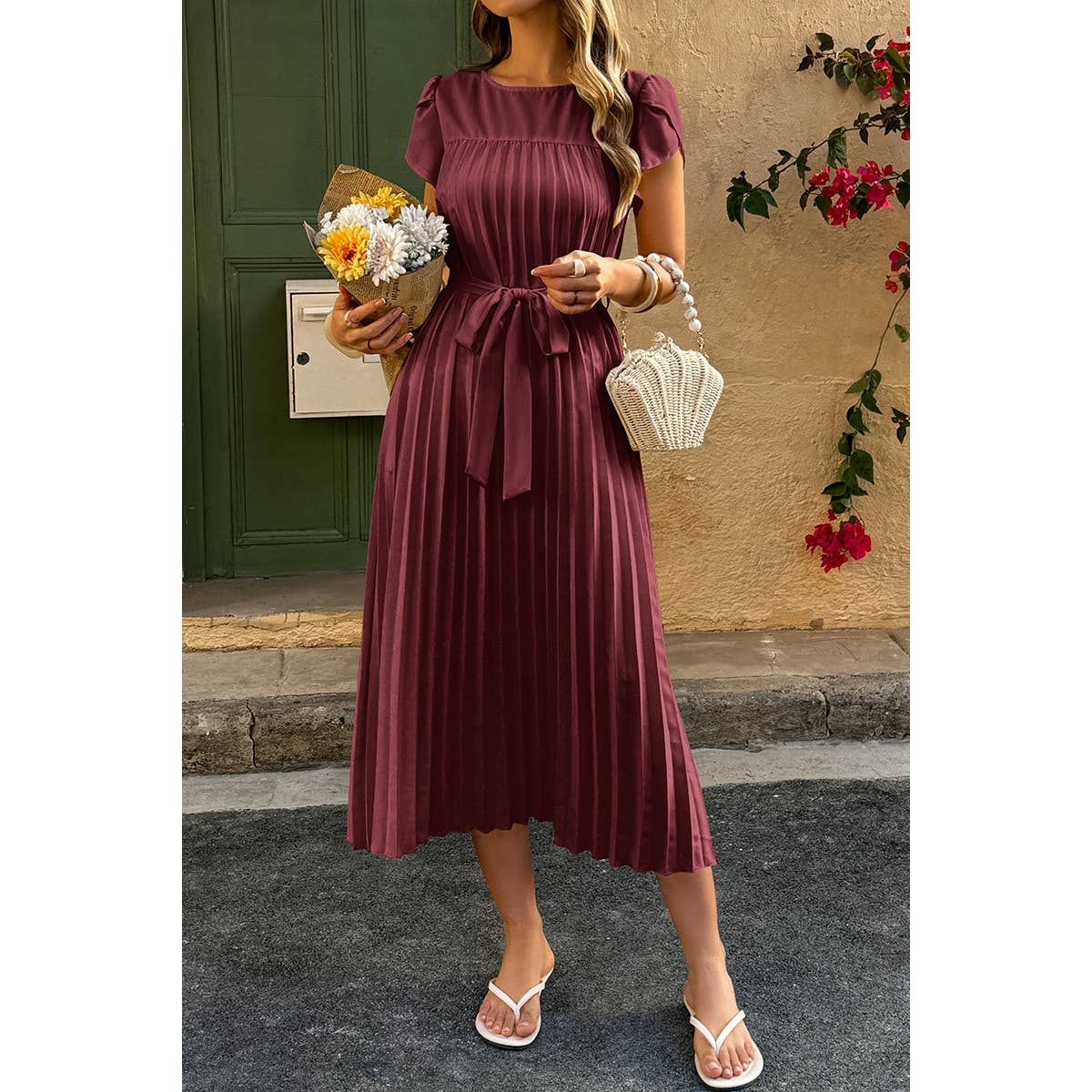 Solid Pleated Belt Short Puff Sleeves Fit Dress - MVTFASHION.COM