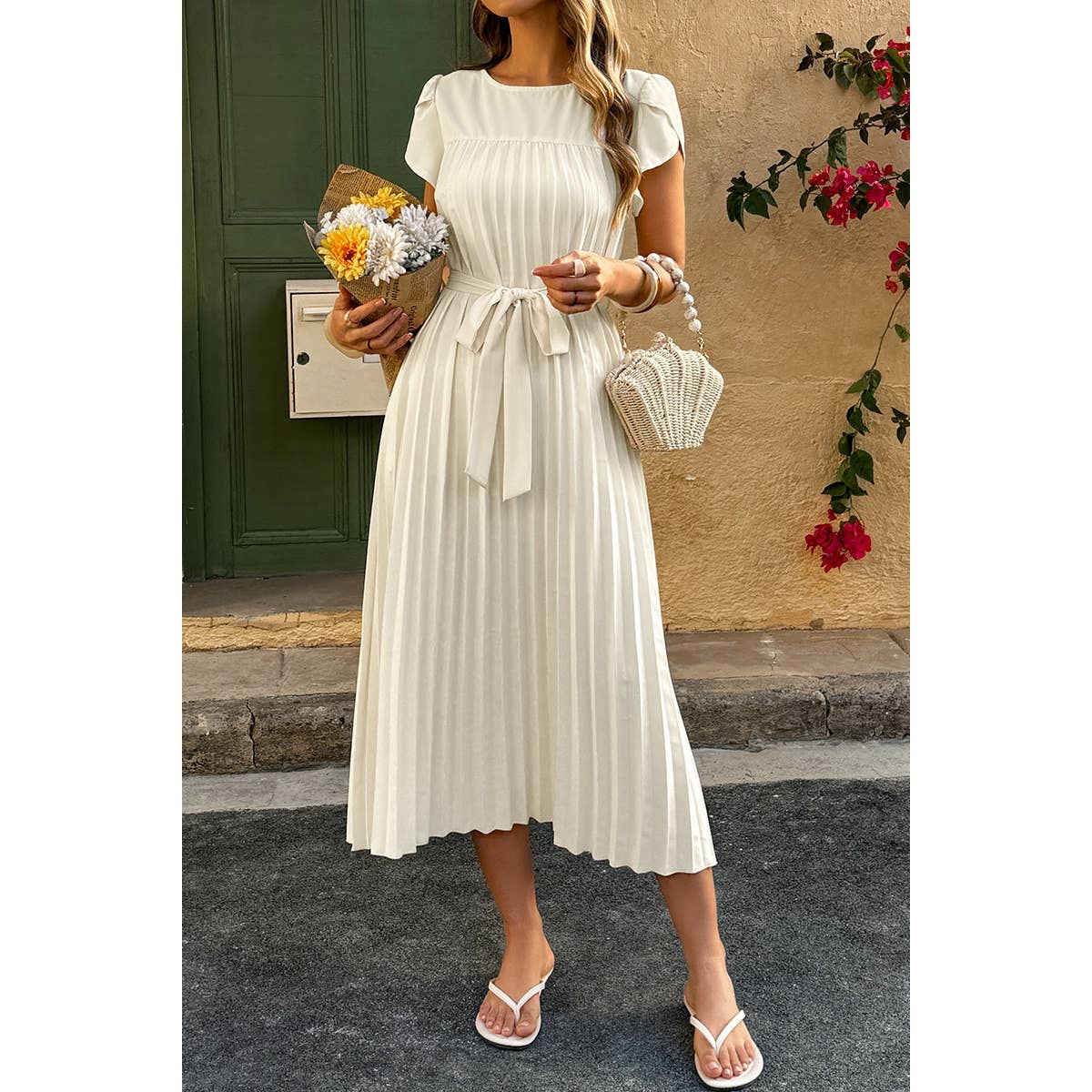 Solid Pleated Belt Short Puff Sleeves Fit Dress - MVTFASHION.COM