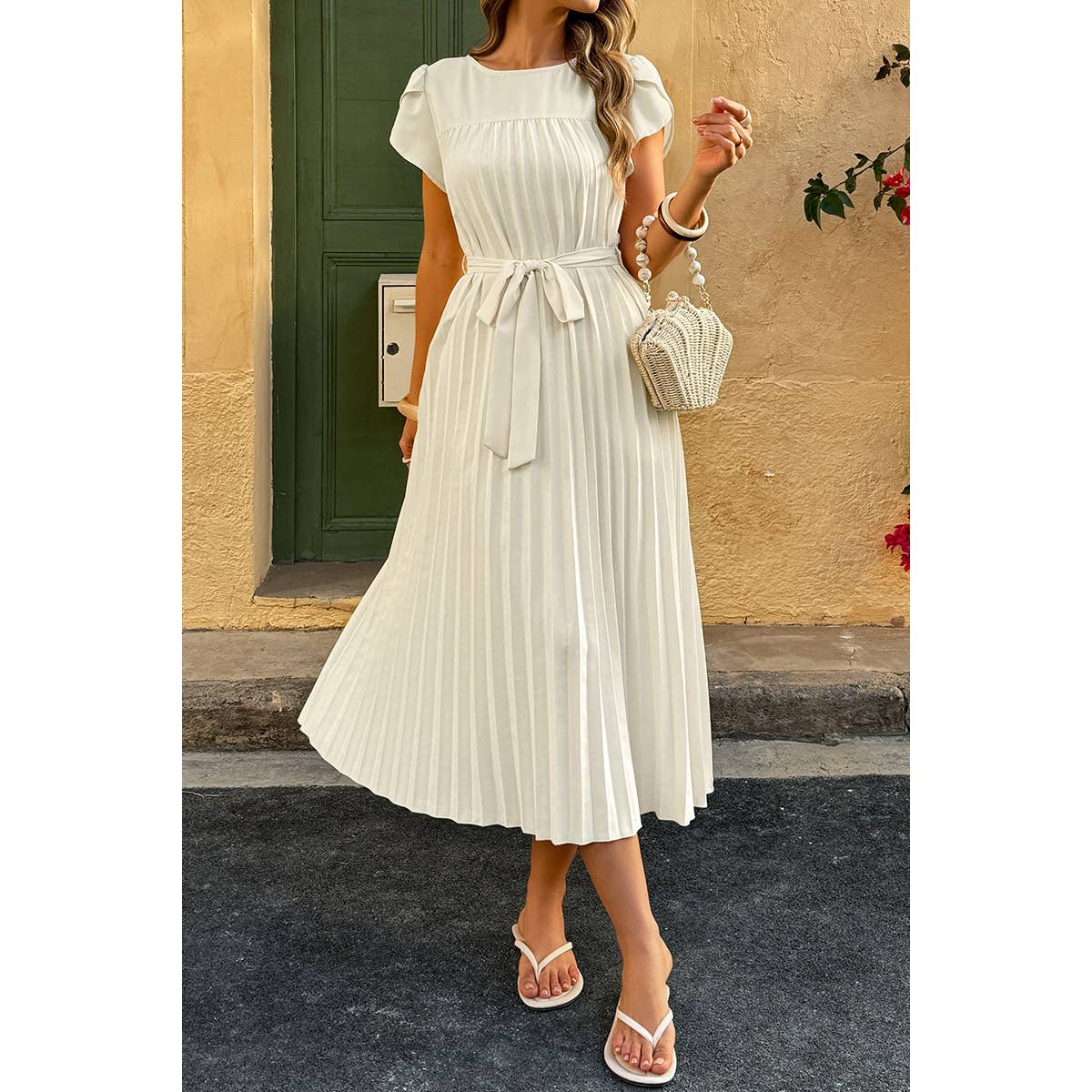 Solid Pleated Belt Short Puff Sleeves Fit Dress - MVTFASHION.COM