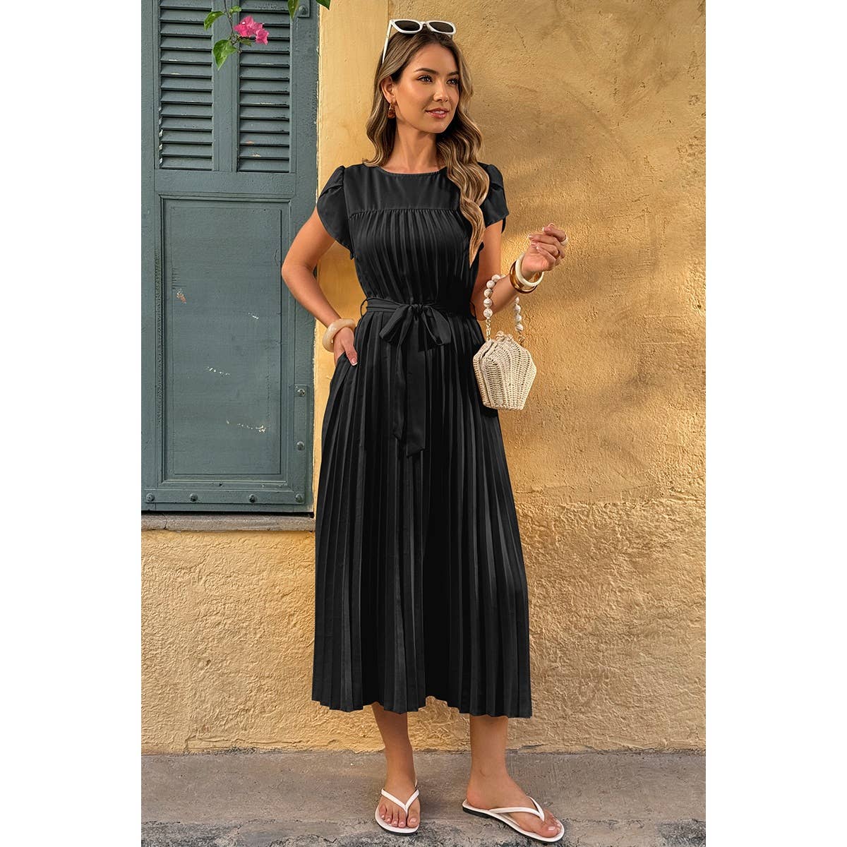 Solid Pleated Belt Short Puff Sleeves Fit Dress - MVTFASHION.COM