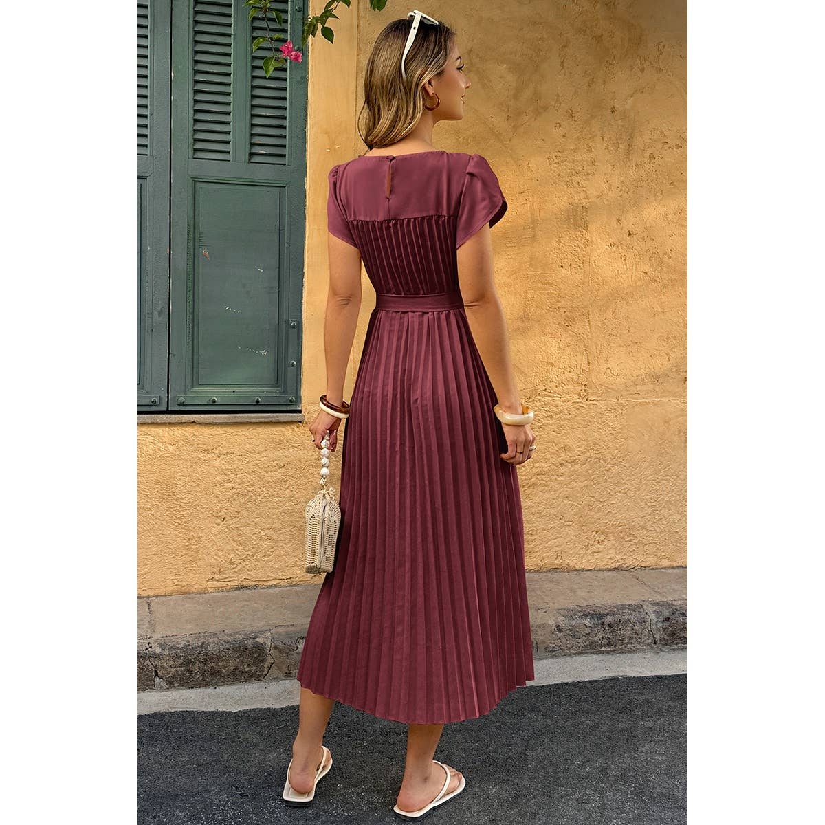 Solid Pleated Belt Short Puff Sleeves Fit Dress - MVTFASHION.COM