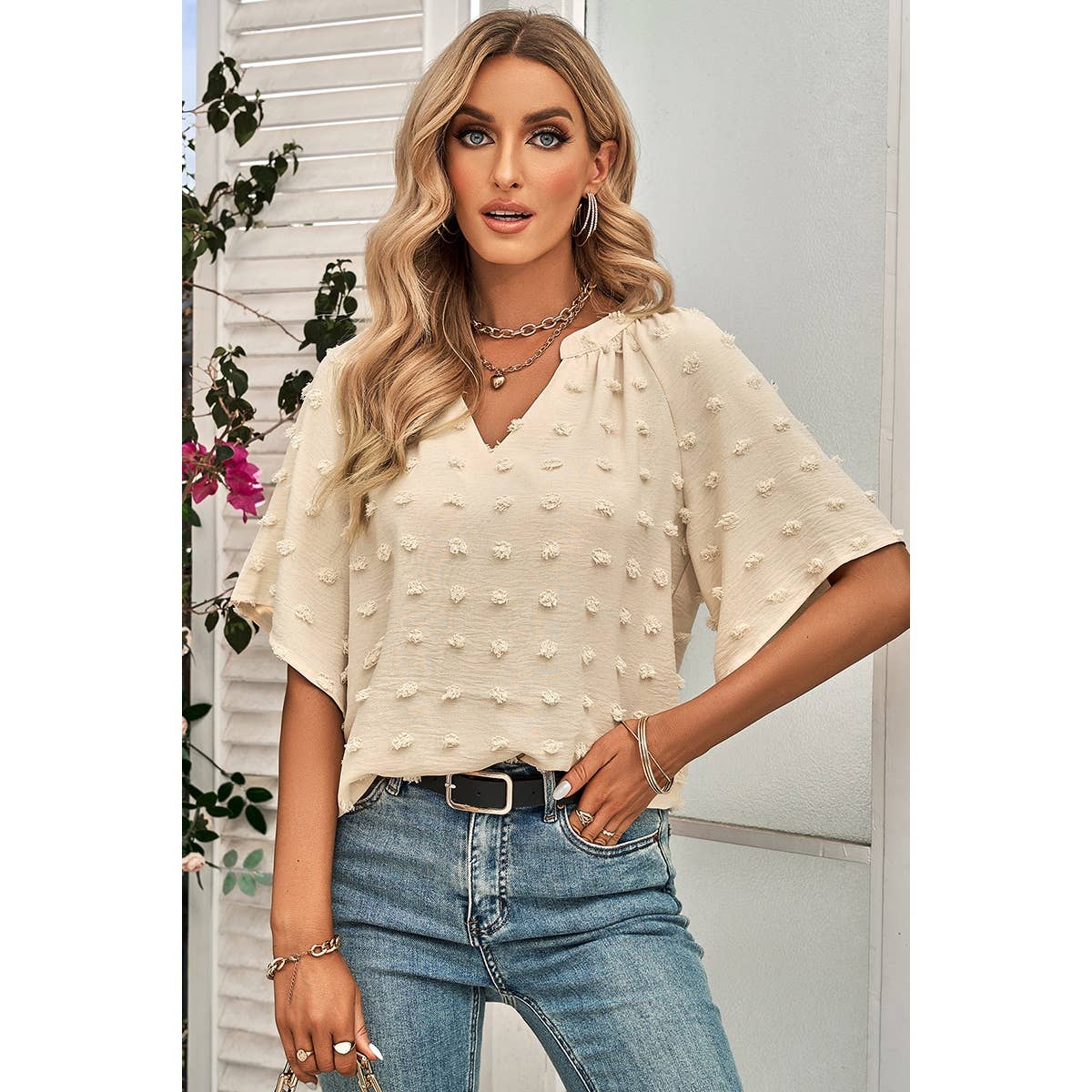 Solid Polk Dot V Neck Loose Fit Top - MVTFASHION.COM