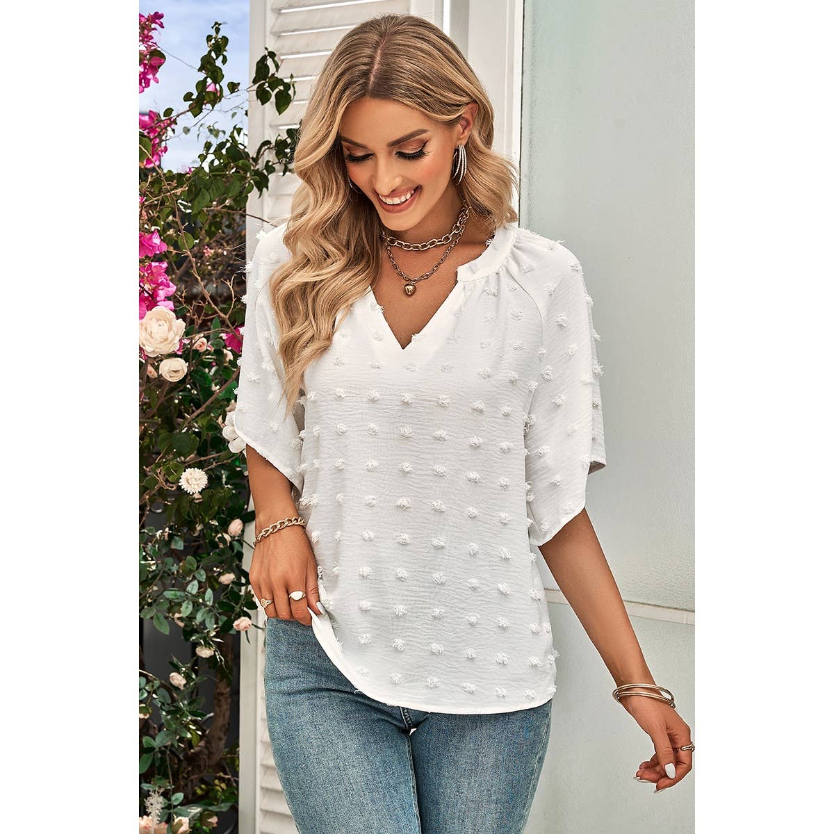 Solid Polk Dot V Neck Loose Fit Top - MVTFASHION.COM