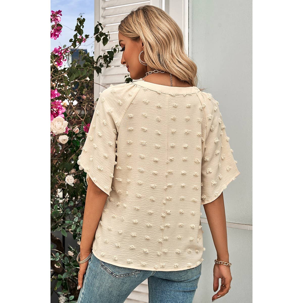 Solid Polk Dot V Neck Loose Fit Top - MVTFASHION.COM