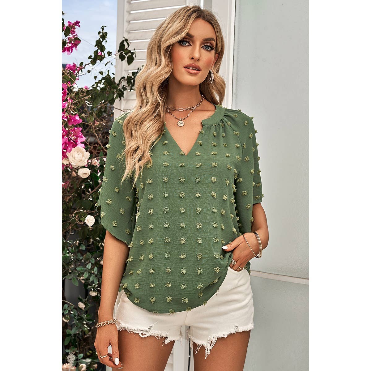 Solid Polk Dot V Neck Loose Fit Top - MVTFASHION.COM