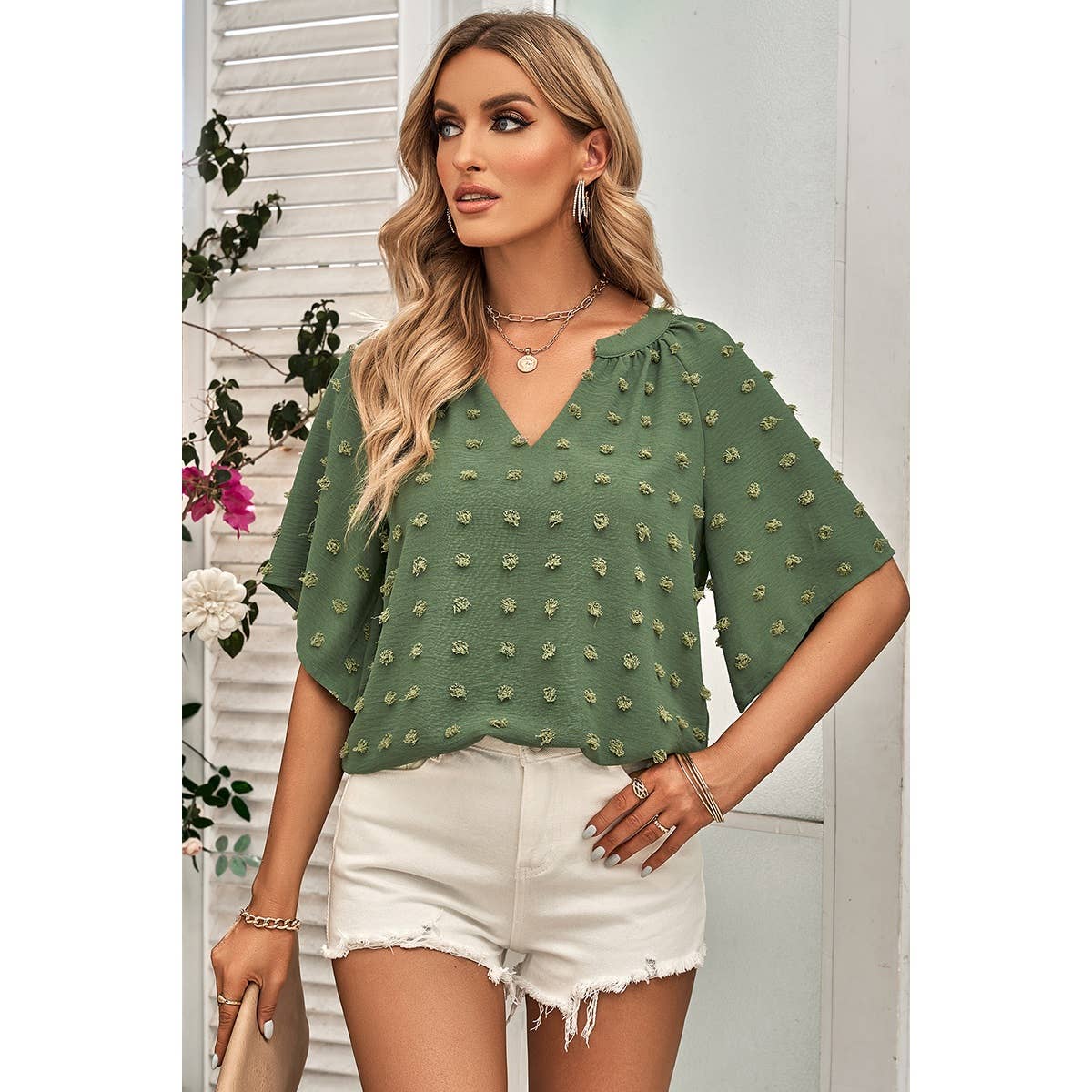 Solid Polk Dot V Neck Loose Fit Top - MVTFASHION.COM