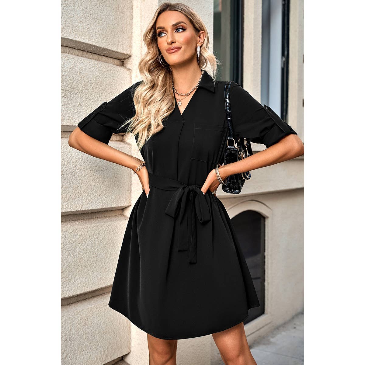 Solid Puff Sleeve Belted Midi Dress - MVTFASHION.COM