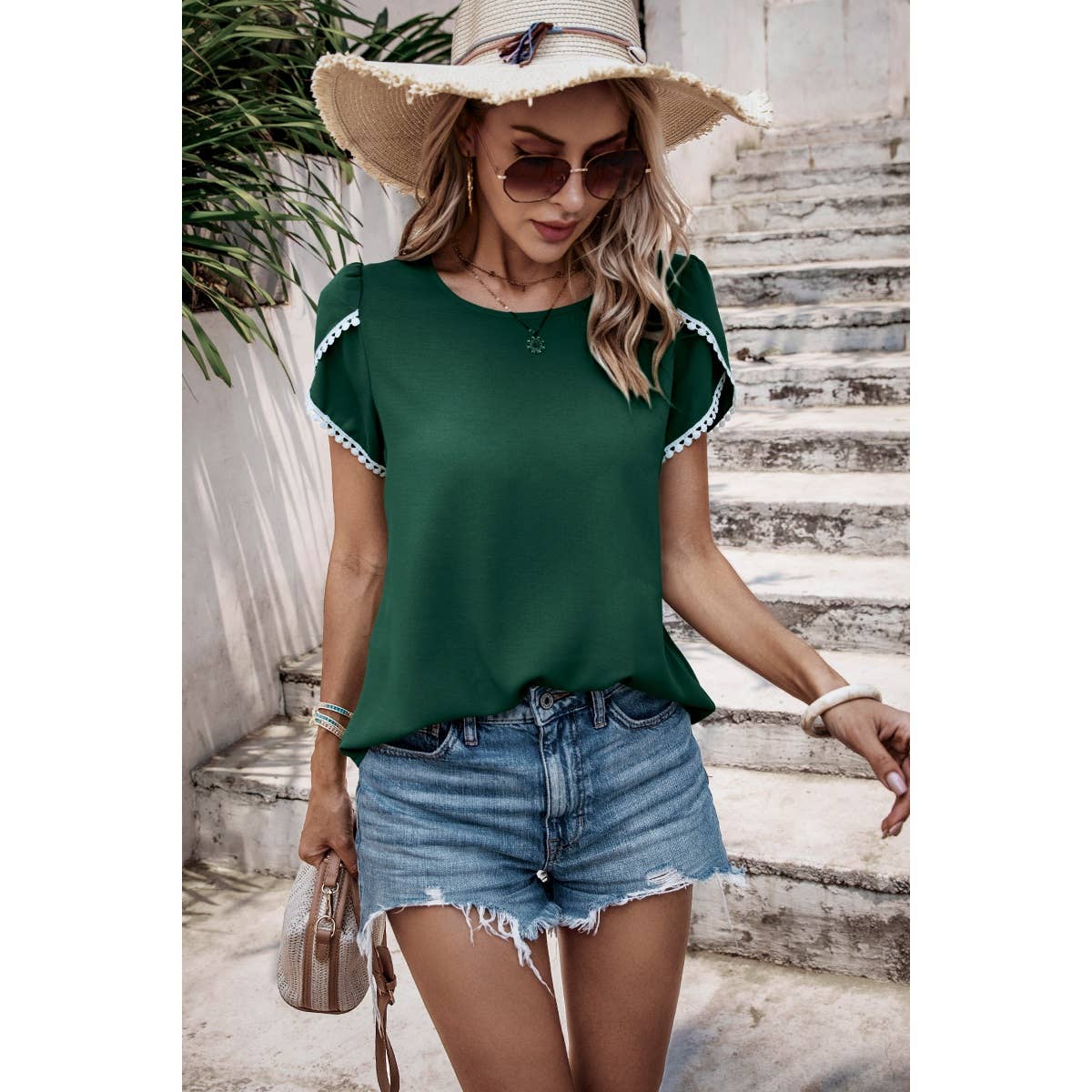 Solid Round Neck Cross Sleeves Lace Hem Tee - MVTFASHION.COM