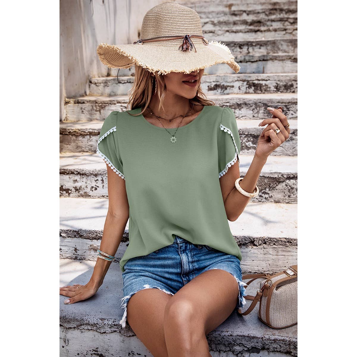 Solid Round Neck Cross Sleeves Lace Hem Tee - MVTFASHION.COM