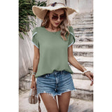 Solid Round Neck Cross Sleeves Lace Hem Tee - MVTFASHION.COM