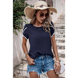 Solid Round Neck Cross Sleeves Lace Hem Tee - MVTFASHION.COM