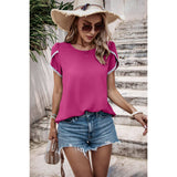 Solid Round Neck Cross Sleeves Lace Hem Tee - MVTFASHION.COM