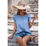 Solid Round Neck Cross Sleeves Lace Hem Tee - MVTFASHION.COM