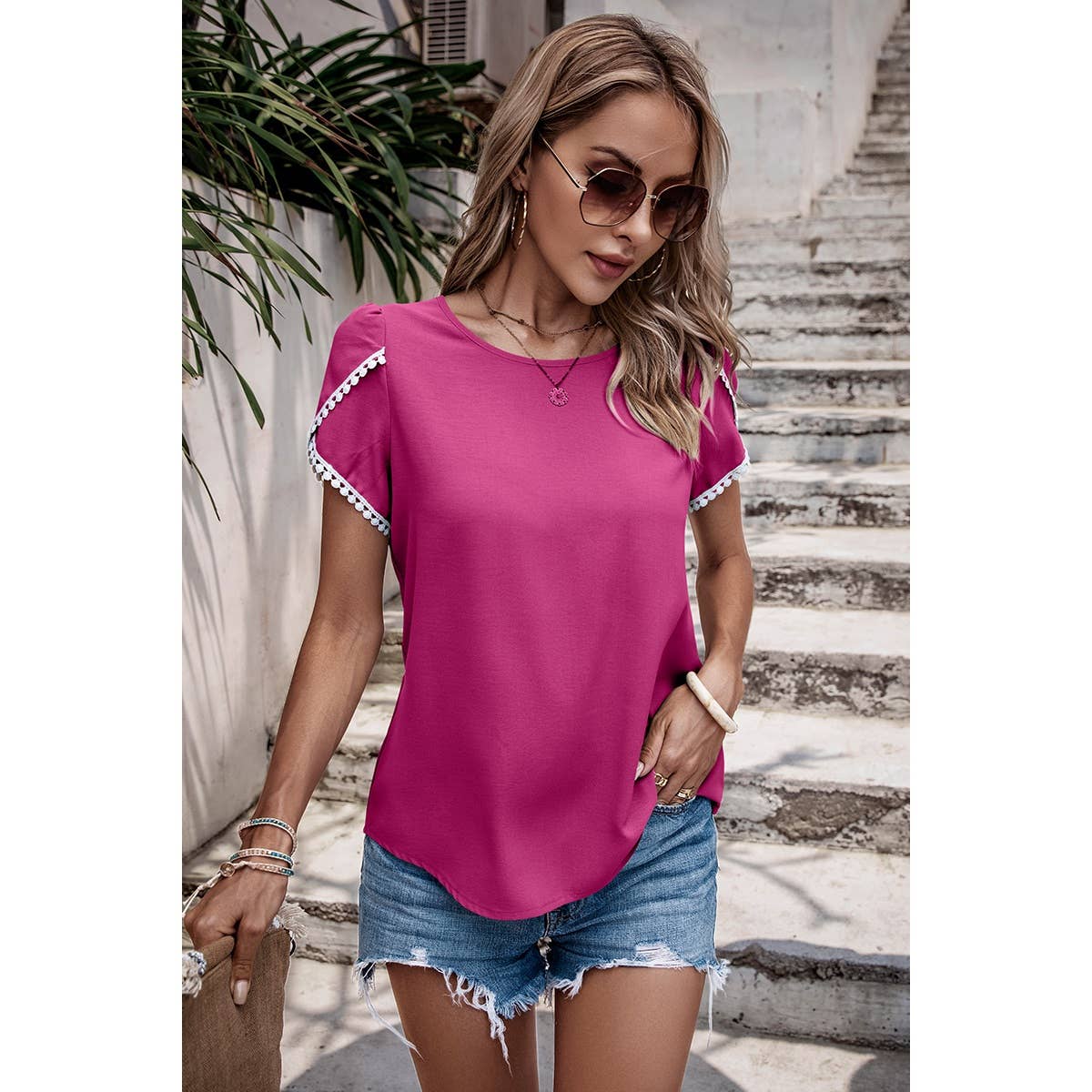 Solid Round Neck Cross Sleeves Lace Hem Tee - MVTFASHION.COM