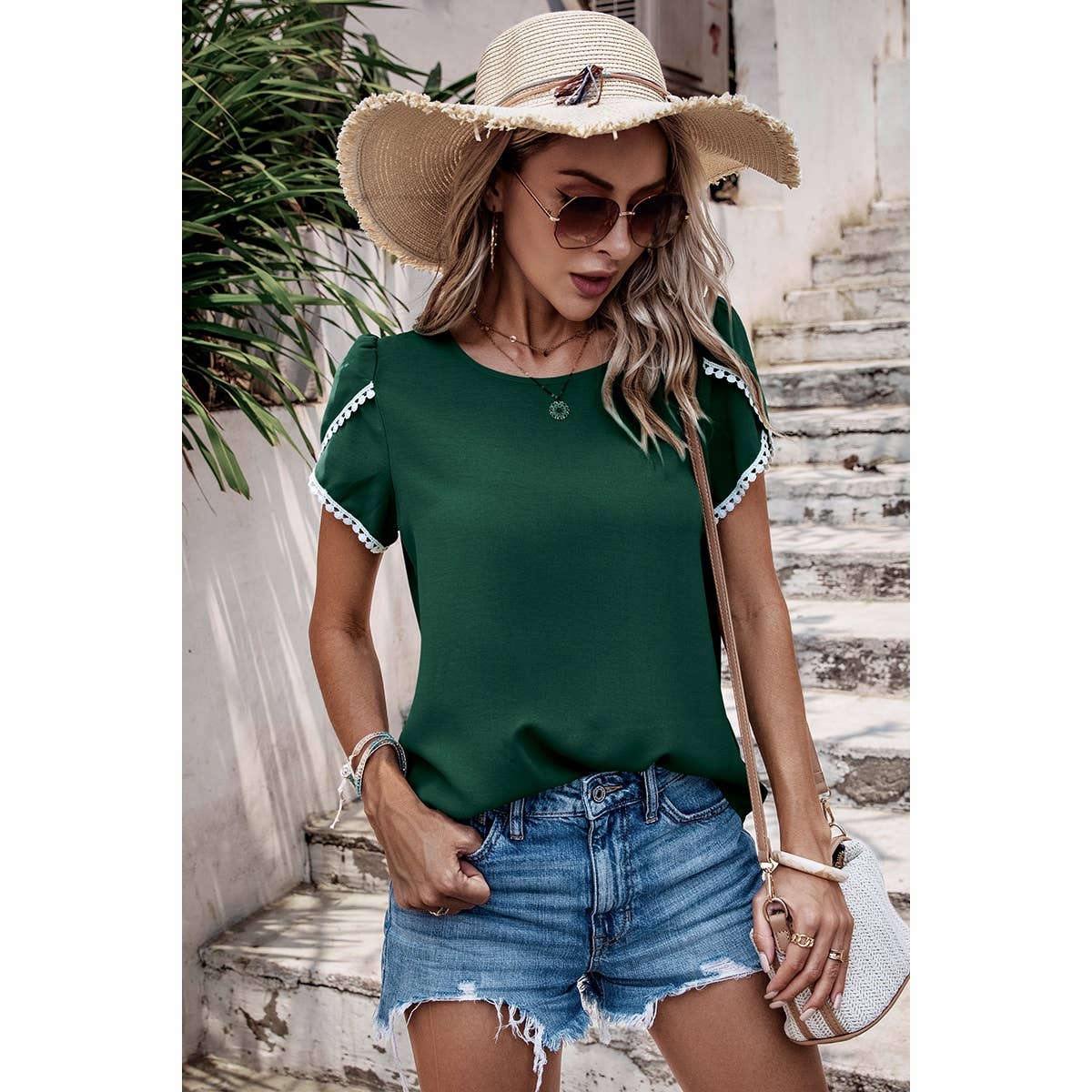 Solid Round Neck Cross Sleeves Lace Hem Tee - MVTFASHION.COM