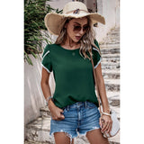 Solid Round Neck Cross Sleeves Lace Hem Tee - MVTFASHION.COM