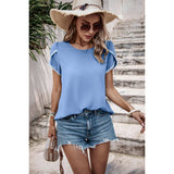 Solid Round Neck Cross Sleeves Lace Hem Tee - MVTFASHION.COM