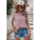 Solid Round Neck Cross Sleeves Lace Hem Tee - MVTFASHION.COM